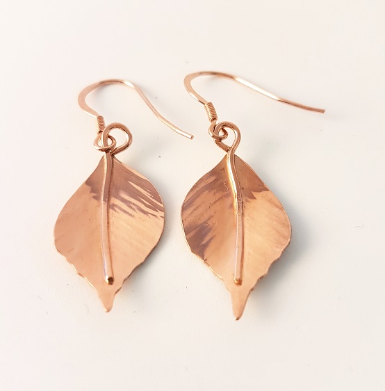 Zoomed out Photo of Rose Gold Hazel Leaf Earrings